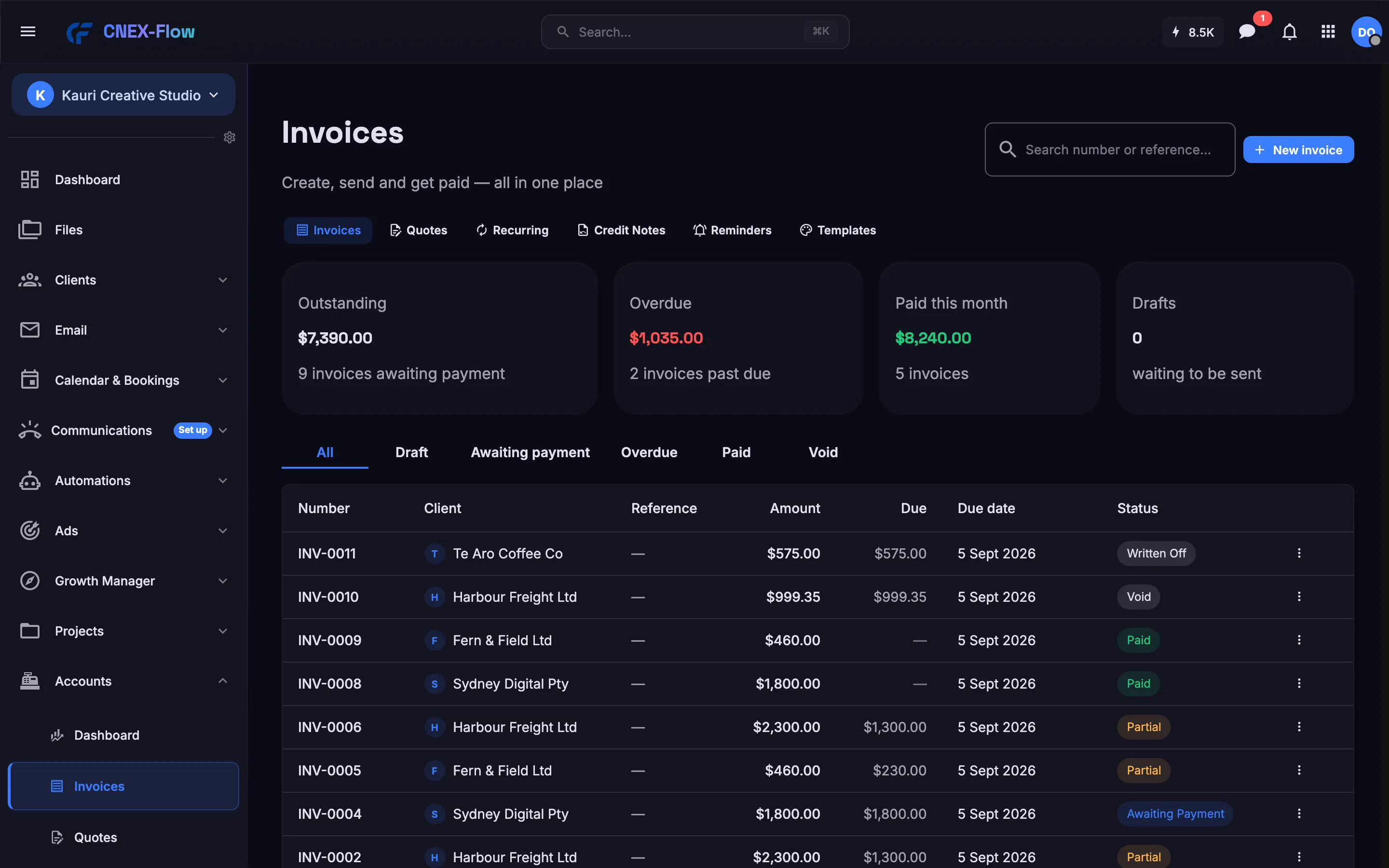 The invoices list with status chips and the stats strip