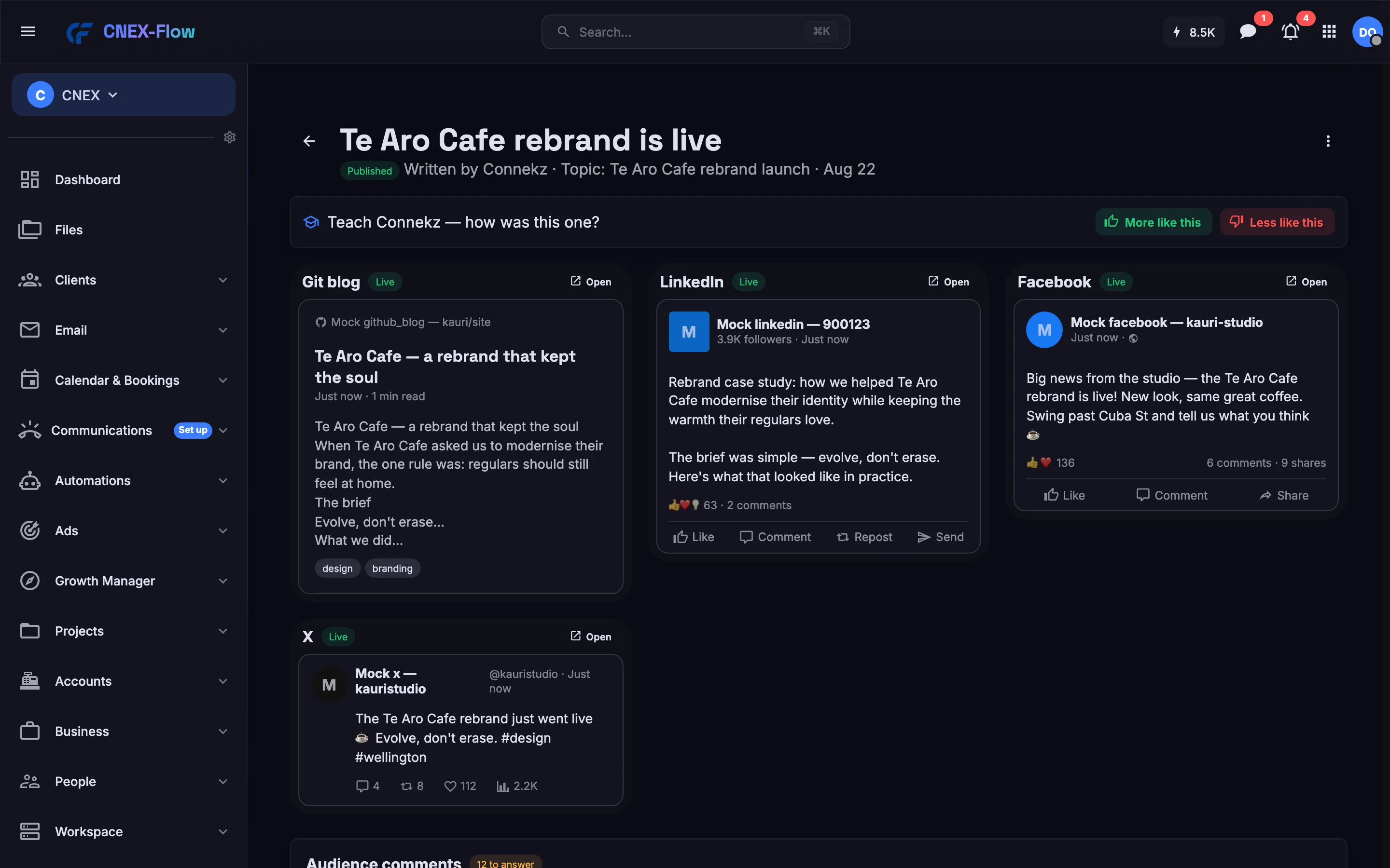 A content item with per-platform previews and the approve button
