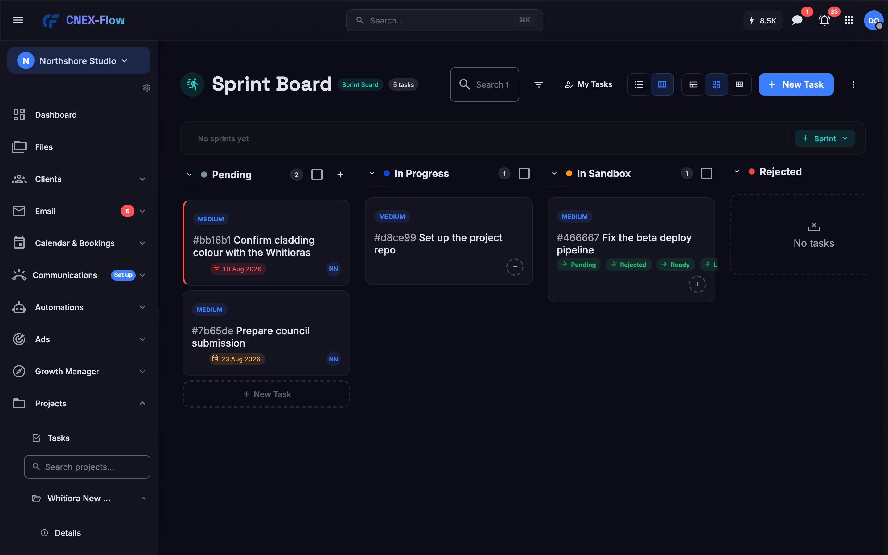 A sprint board with tasks in Pending, In Progress and In Sandbox