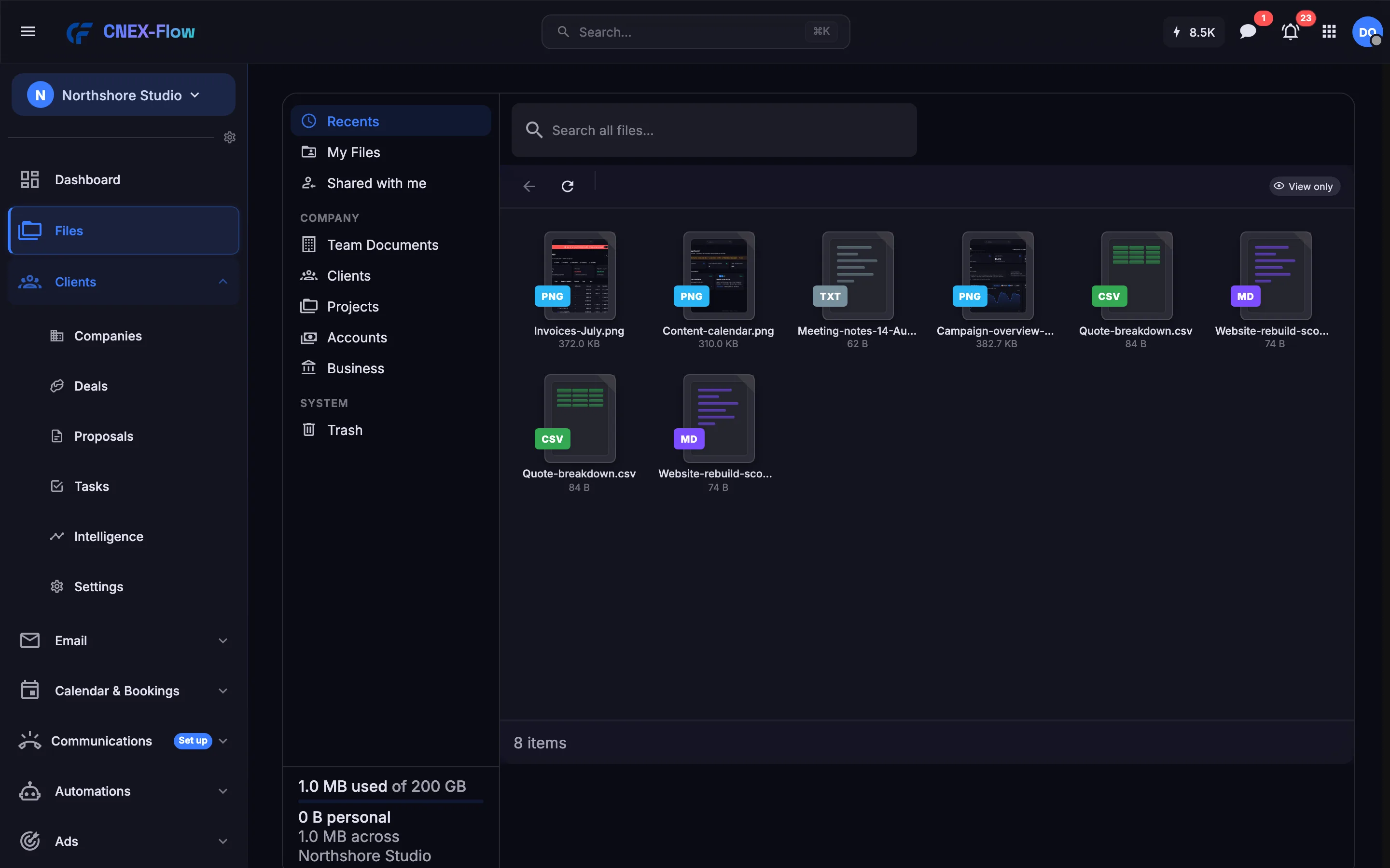 The Files explorer with the company tree and a preview open