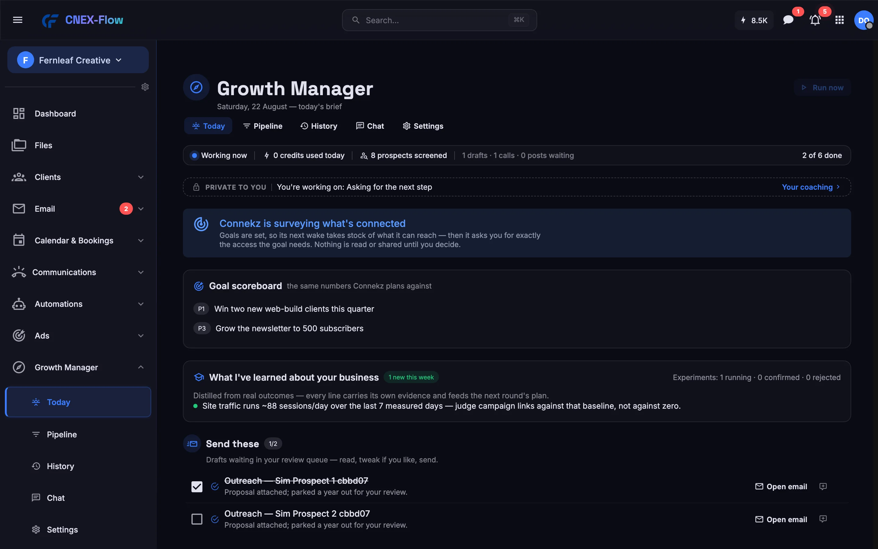 The Growth Manager's Today page: the daily brief with its send, call and approve sections
