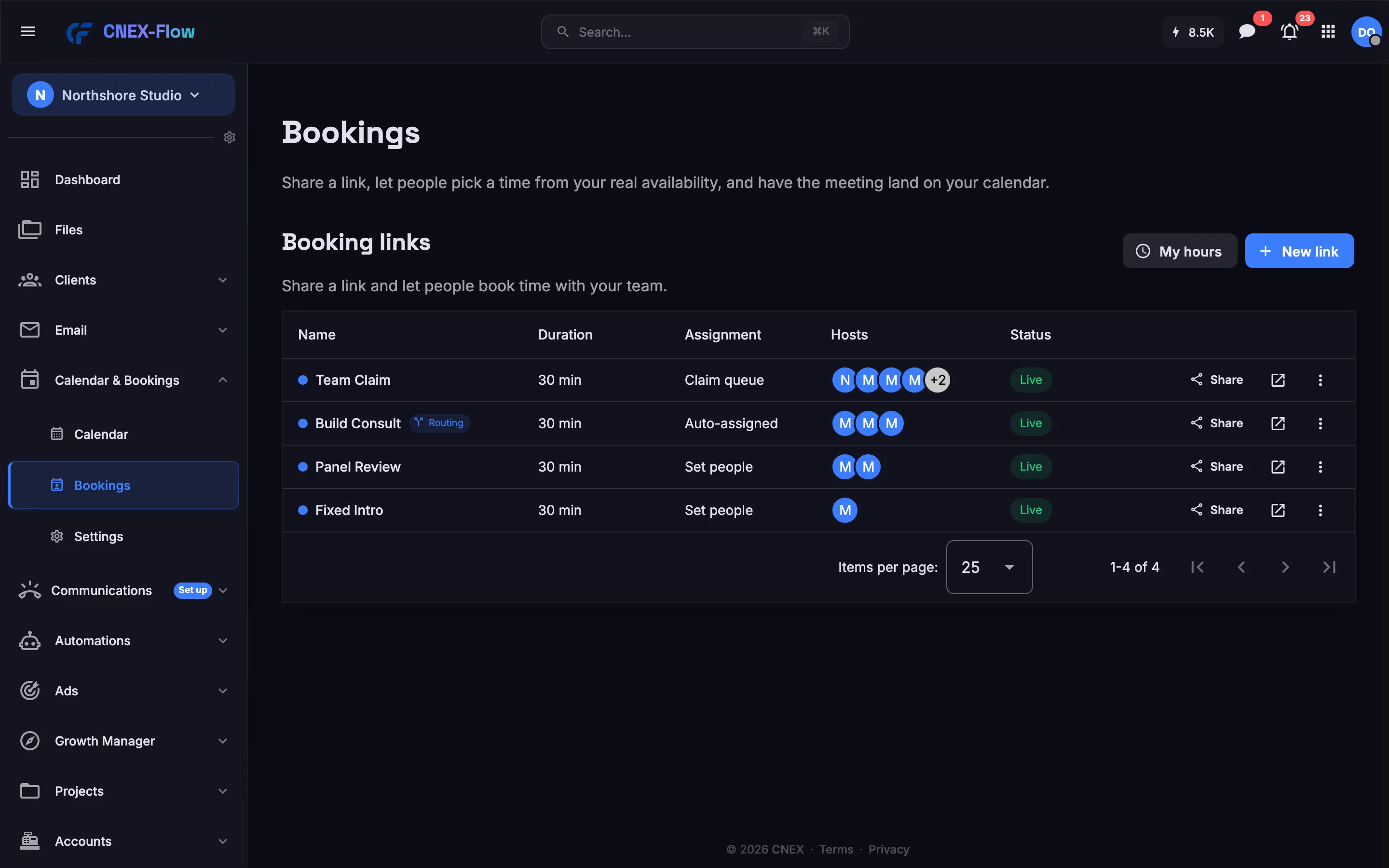 The bookings page: booking links with their owners, durations and the claim queue