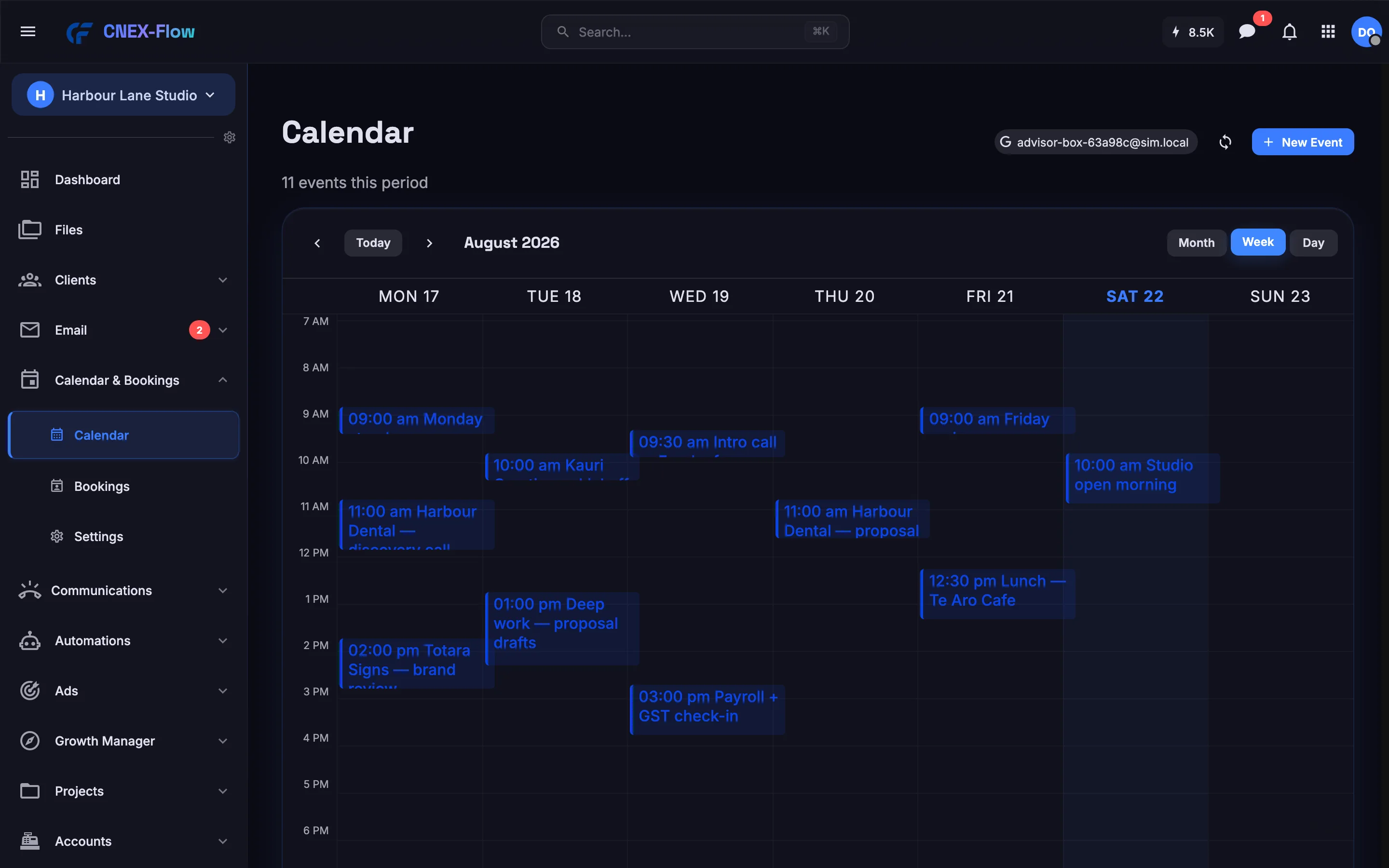 The week view of a connected Google calendar: discovery calls, a kickoff, deep work and a client lunch
