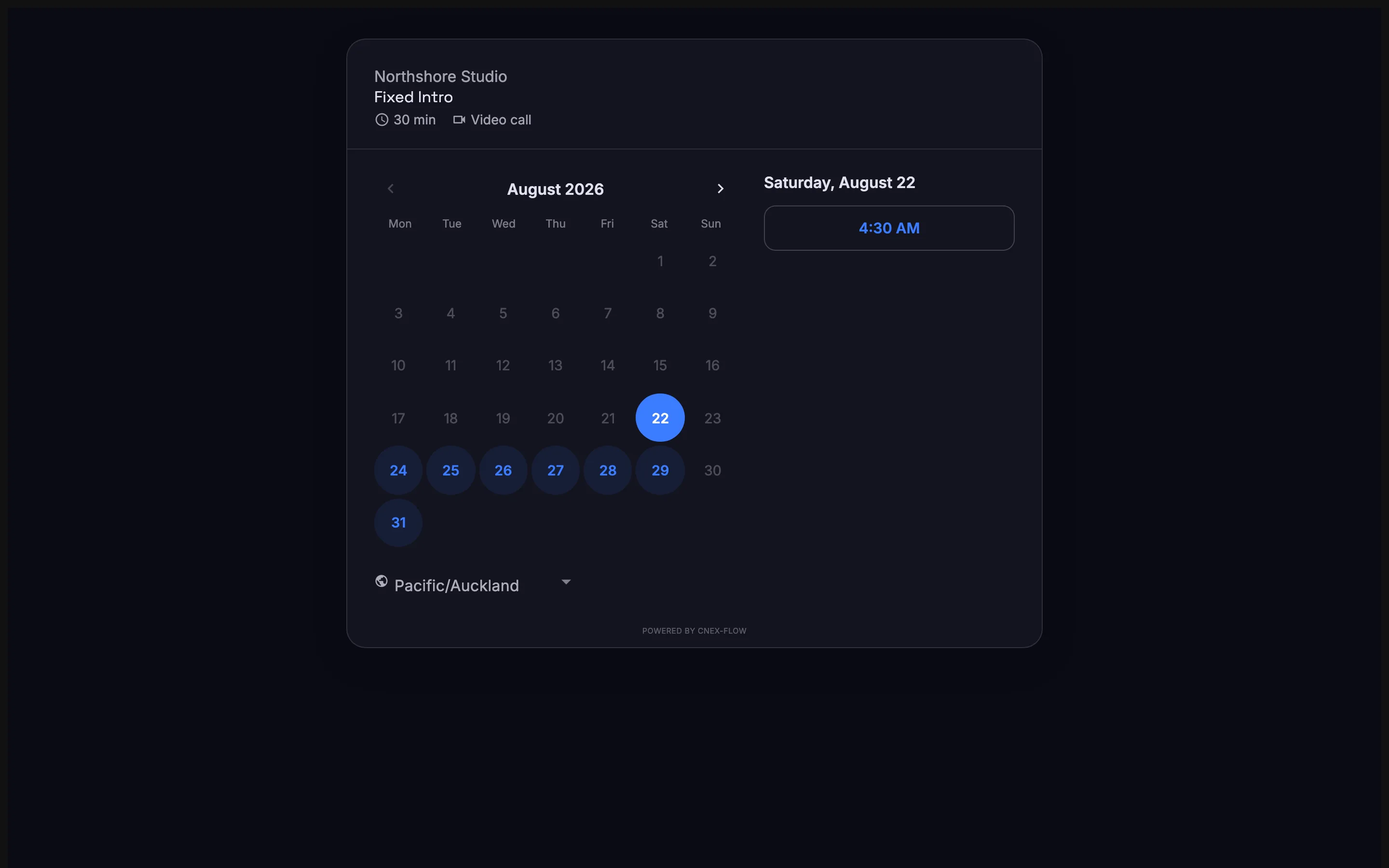 The public booking page a guest sees: a month grid and the open slots