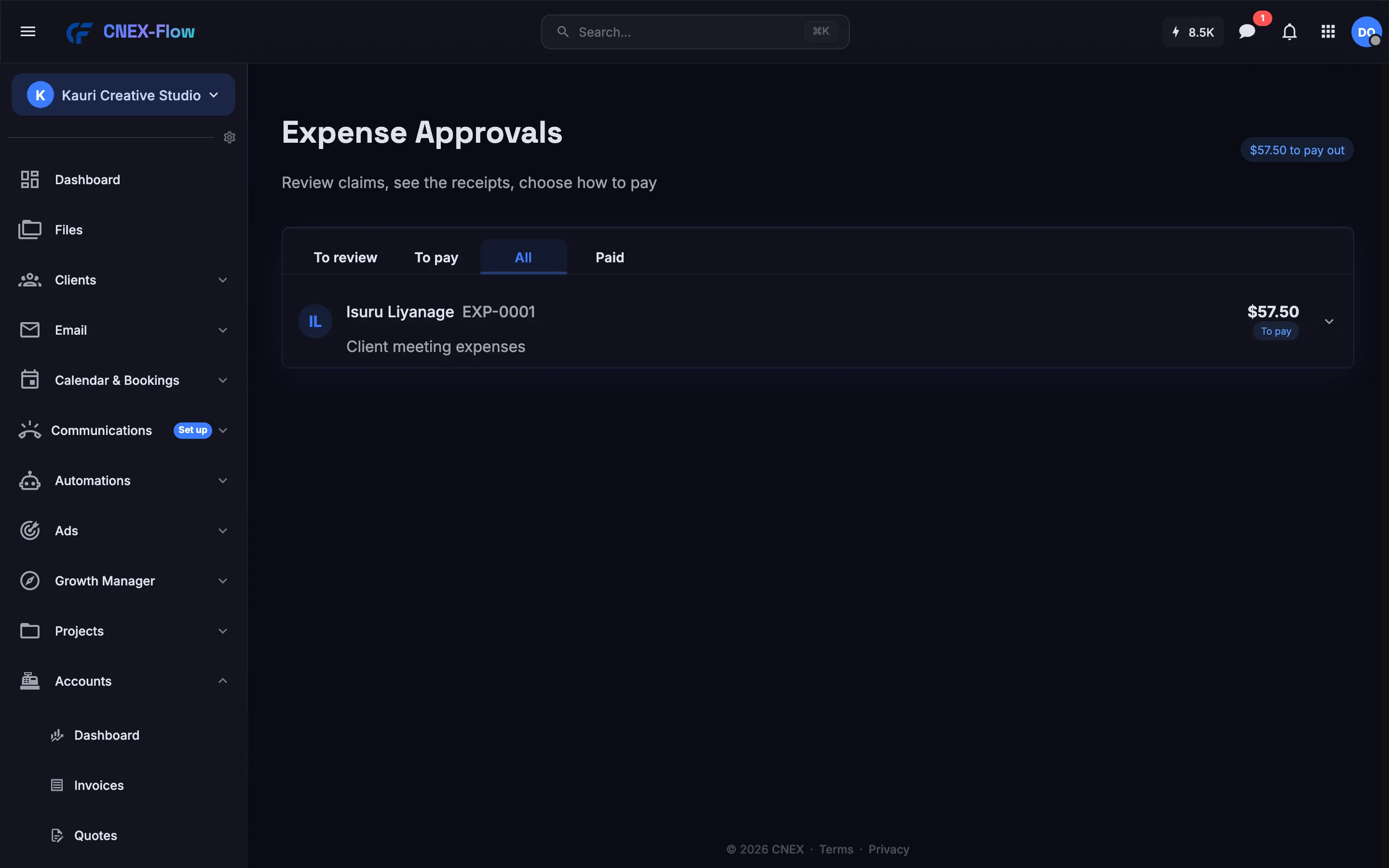 Expense approvals: a claim to pay with its receipt, and the amount to pay out