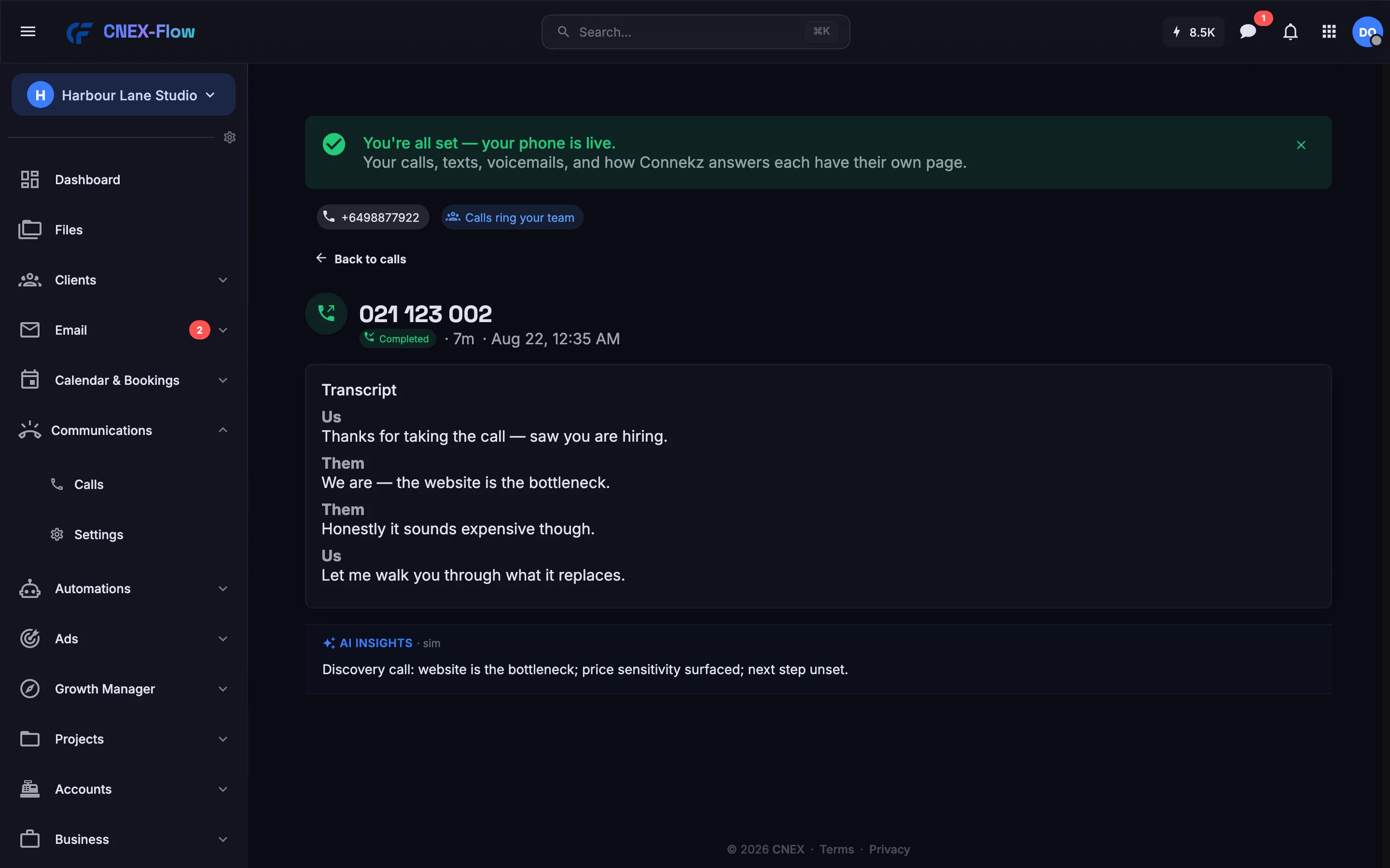 A finished call: speaker-labelled transcript and the AI insight filed against the caller